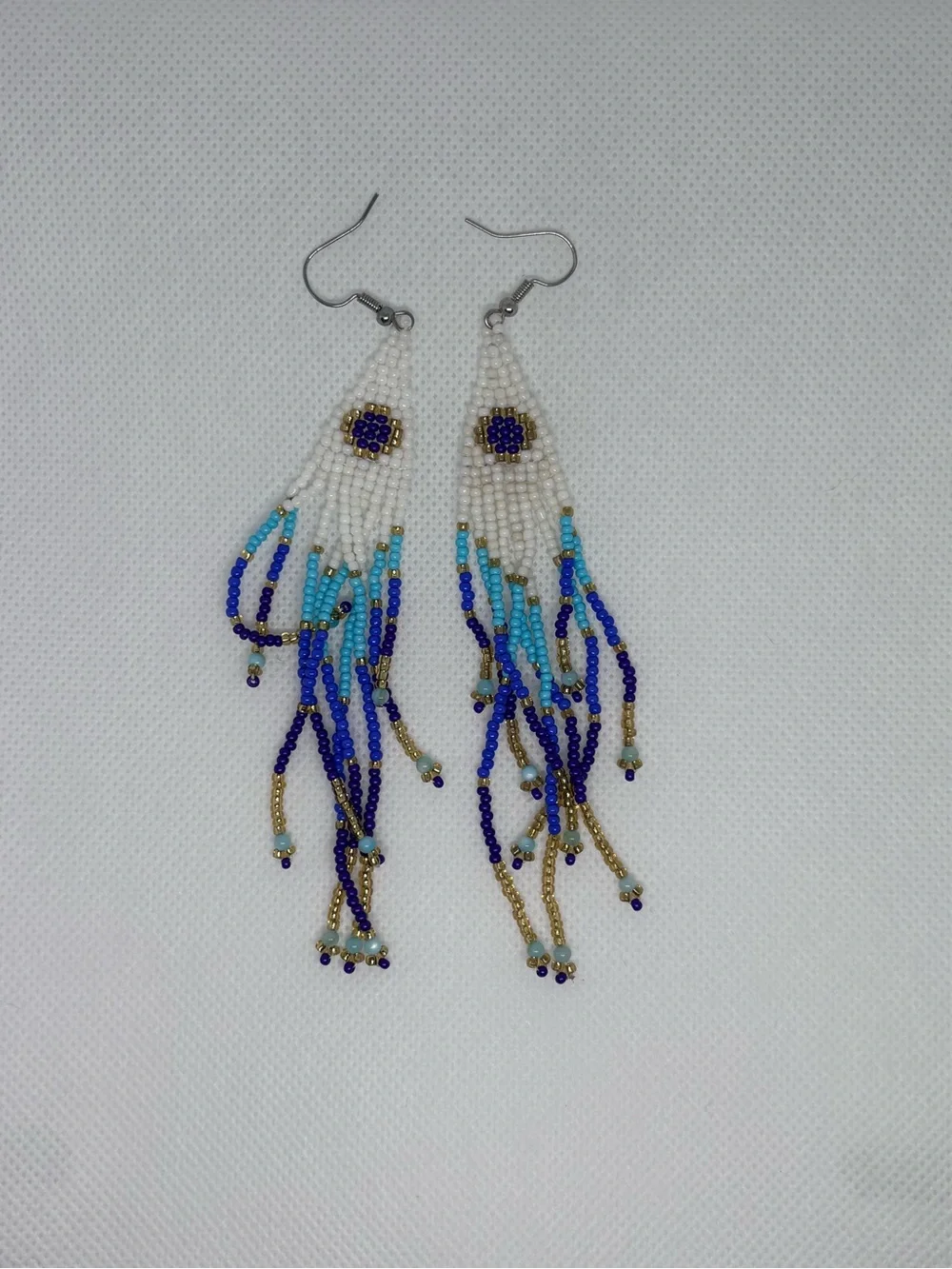 Hand Crafted White, Blue and Gold Beaded Fringe Earrings